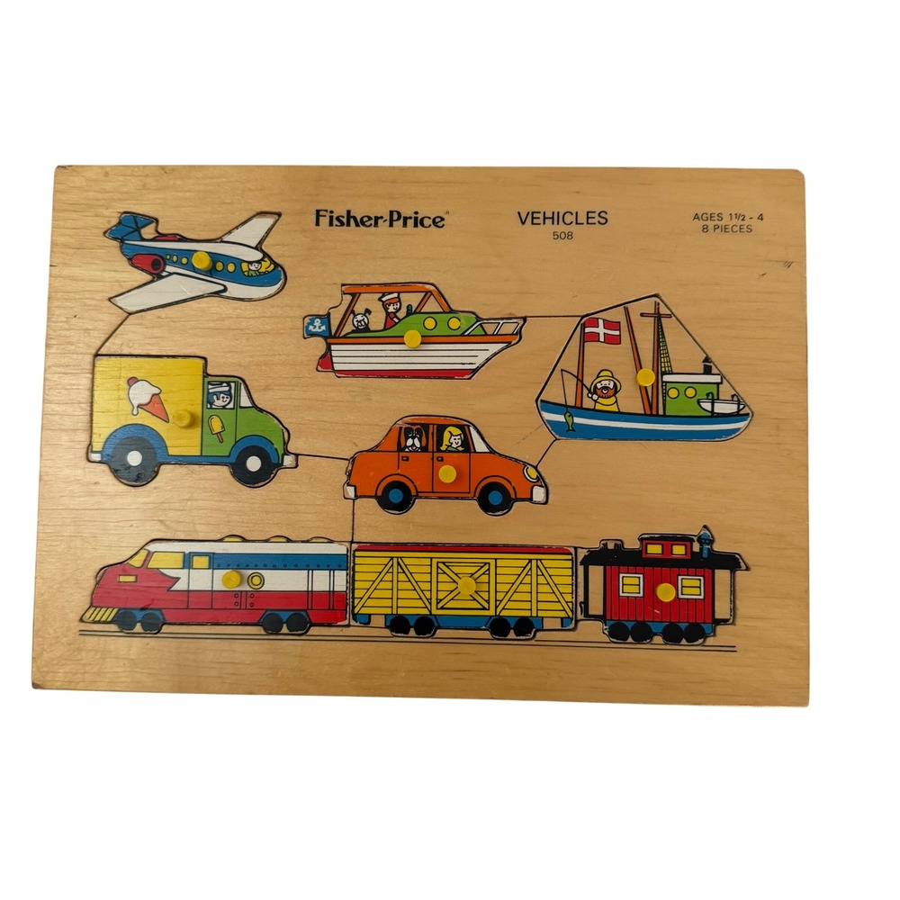 Vintage Fisher-Price Vehicles Wooden Peg Puzzle 508 8 Piece Toddler Toy USA Made